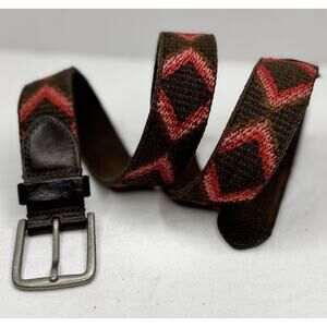 Zara Leather Belt Brown Red Woven Kilim Southwestern Brass Buckle Men's Sz 34 85